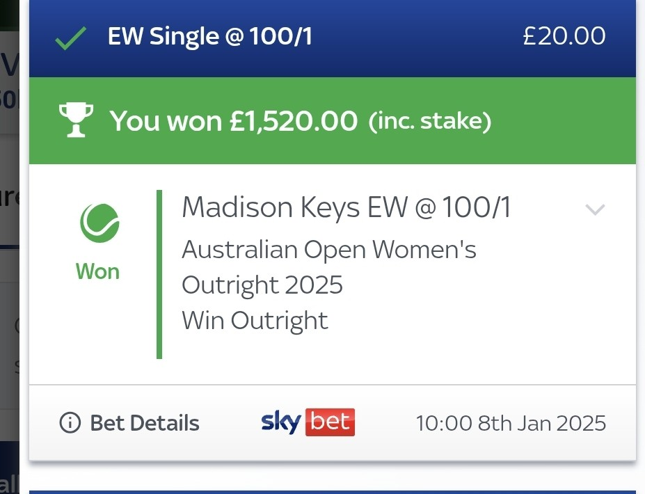 Australian Open 2025 - Madison Keys Winning Bet Slip