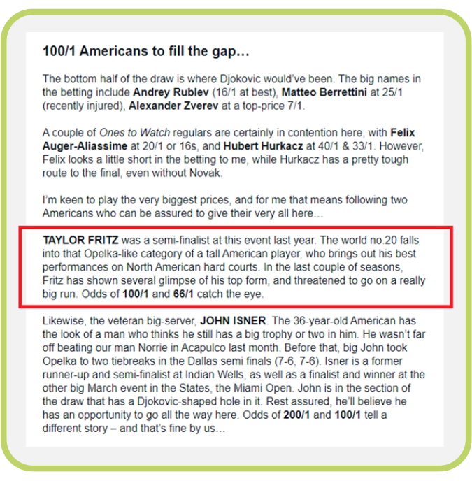 Ones to Watch Email Example - Taylor Fritz